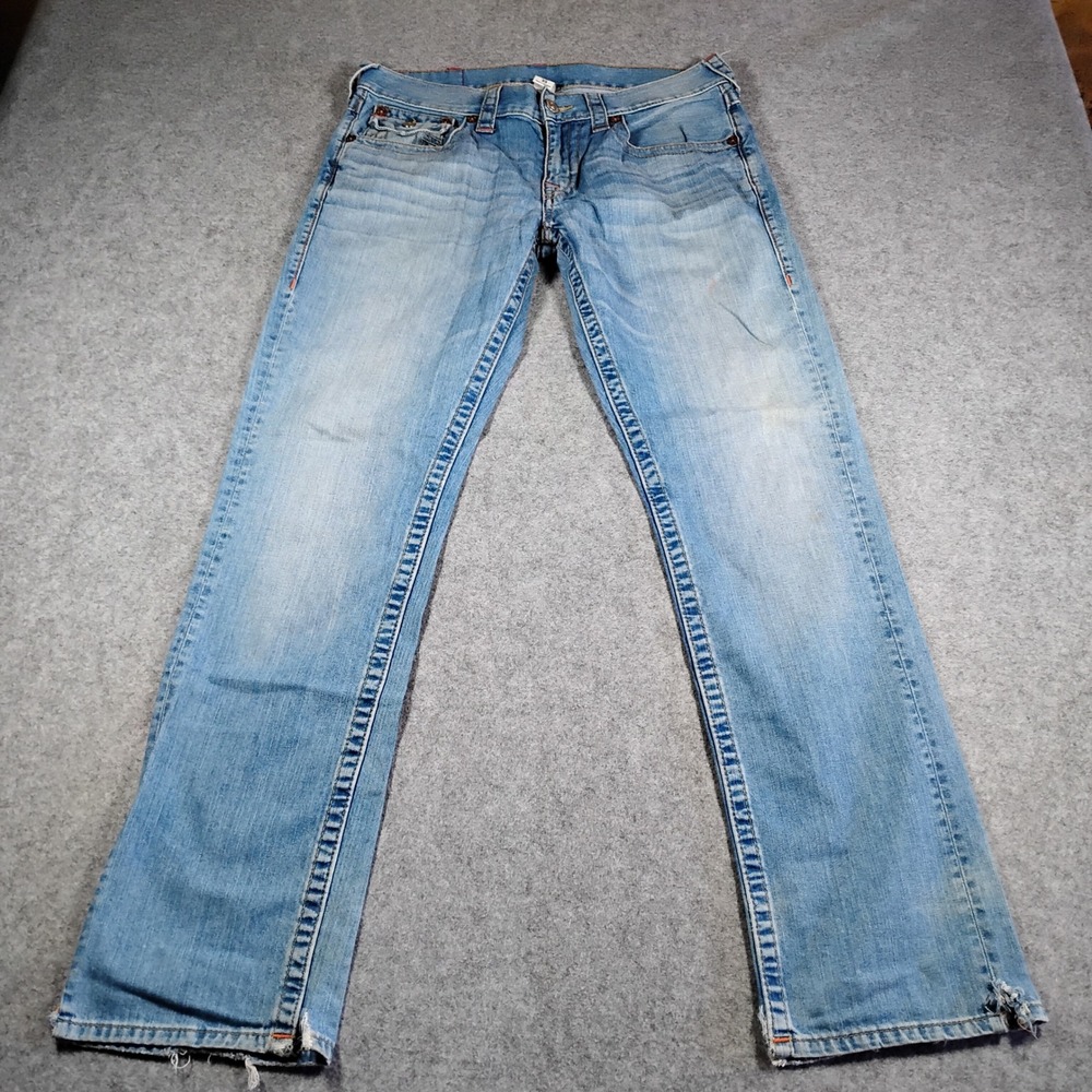 True Religion Slim W Flap Old Multi SN Jeans Mens 36x33 Light Wash Distressed